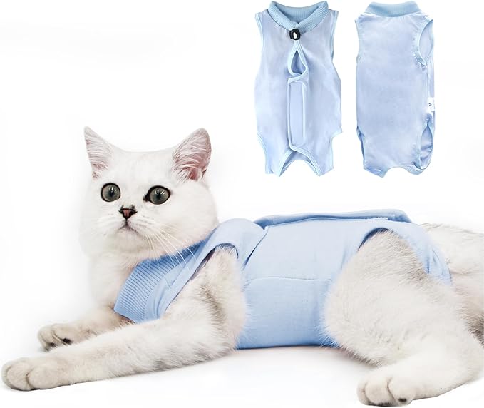 Cat Recovery Suit for Male and Female Surgical Post Surgery Soft Cone Onesie Shirt Clothes Neuter Licking Protective Diapers Outfit Cover Kitten Spay Collar(M, Blue)