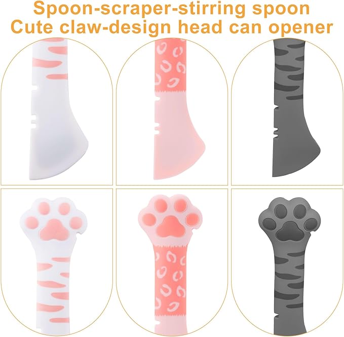 Tinoaly 3 Pcs Dog Cat Food Spoon, Adorable Paw Spoon for Wet Food Silicone Can Opener Multifunctional Pet Spatula Scoop Mixing Spoons for Cat Dog Supplies (White, Pink & Dark Grey)