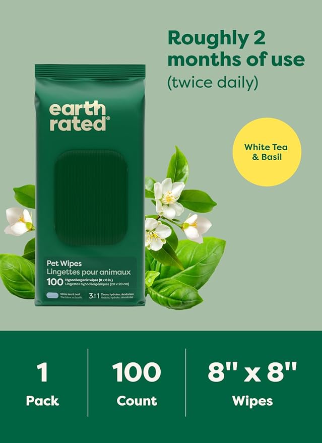 Earth Rated Pet Wipes for Dogs and Cats, Hypoallergenic, 3-in-1 Cleaning, Deodorizing and Hydrating, for Grooming Paws, Body and Butt, New White Tea and Basil Scent, 100 Count (Pack of 2)