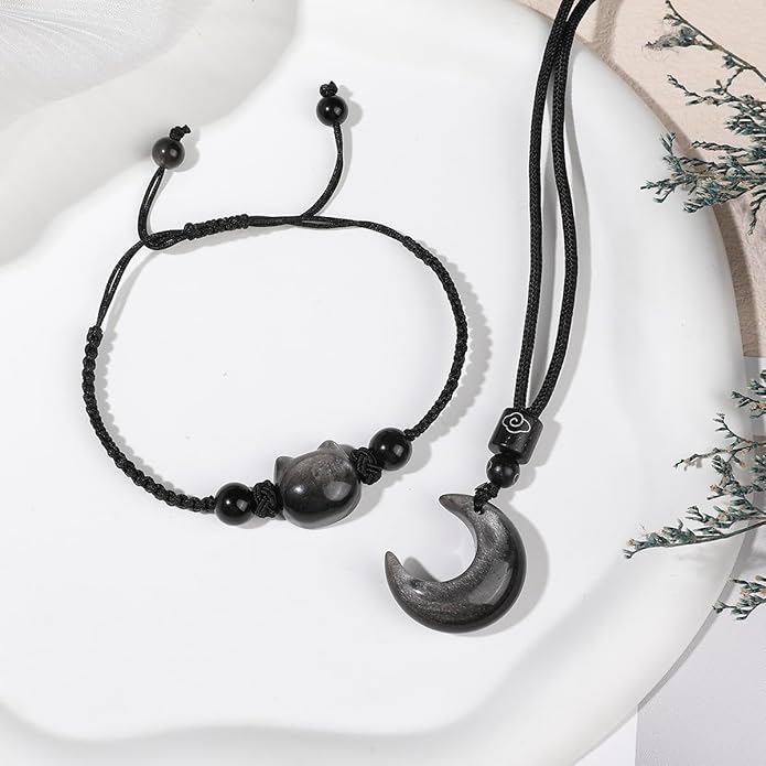 Black Obsidian Cat Bracelet and Moon Pendant Necklace Jewelry Set-Cat Lover Gifts,Wealth Attraction,Good Luck,Bead Bracelet,Mindfulness,Beaded Bracelets, Obsidian Pendant Necklace-Cute Gifts for Women