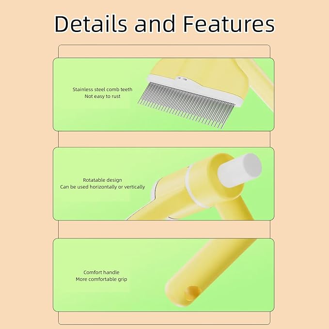 Cat Grooming Brush with 360° Rotating Head - Flea Comb & Hair Removal Brush for Indoor Cats, Anti-Static Stainless Steel Teeth & Ergonomic Grip Deshedding Care (Green)