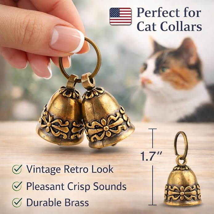 kcrygogo Copper Collar Bell for Small Pet, 0.7 inch Bell for Cats and Dogs,Noise NOT LOUD Come with Silver Pet Anti-Lost ID Pendant Tags (2Set)
