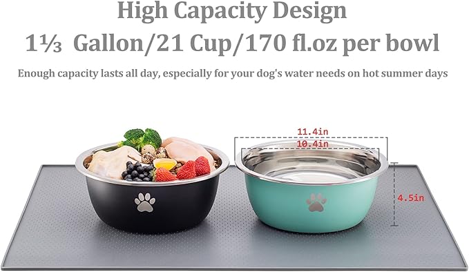 Large Dog Water Bowl 2 Pack, 1.3 Gallons 170oz Stainless Steel Extra Large Dog Food Bowl for Big Giant Dogs, Silver