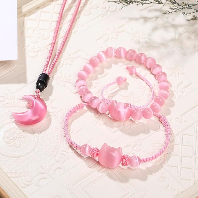 Black Obsidian Cat Bracelet and Moon Pendant Necklace Jewelry Set-Cat Lover Gifts,Wealth Attraction,Good Luck,Bead Bracelet,Mindfulness,Beaded Bracelets, Obsidian Pendant Necklace-Cute Gifts for Women