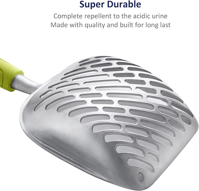 WePet Cat Litter Scoop, Aluminum Alloy Sifter, Kitty Metal Scooper, Deep Shovel with Diagonal Sifting Hole, Long Handle, Kitten Poop Lifter for Litter Box, Medium Size, Green Handle