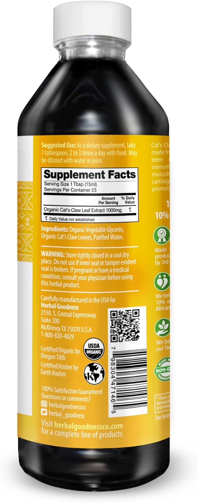 Cat's Claw Liquid Extract - Herbal Supplement for Digestive Boost, Joint/Muscle Support, Immunity, Heart Support- Superior Absorption-Organic 12oz -23 Servings/Bottle -Made in USA -Herbal Goodness