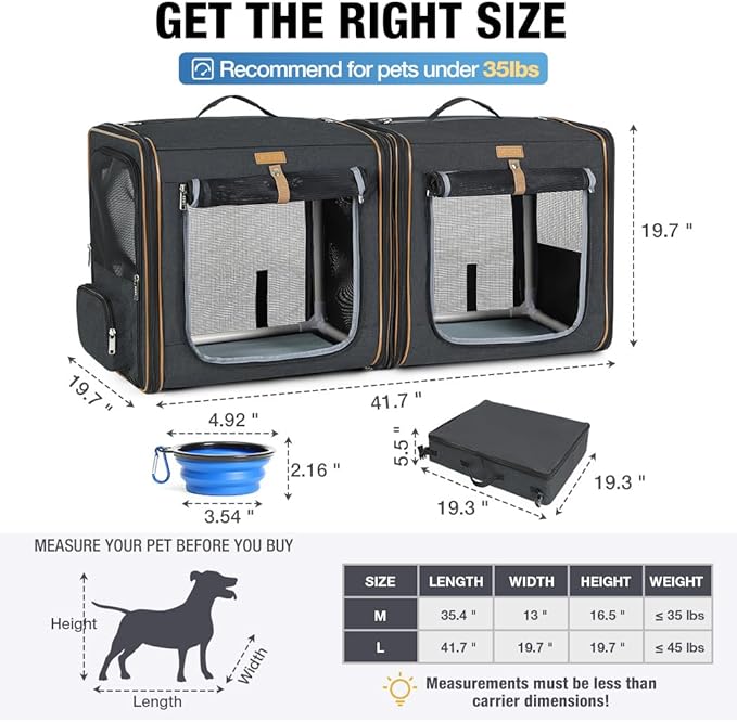 Lekereise Extra Large Cat Carrier for 2 Cats, 2-in-1 Cat Travel Carrier with Litter Box, (20.85" x2) x19.7"x19.7" Pet Carrier with Zipper Locks for Moving Across The Country (No Hammock) - Black