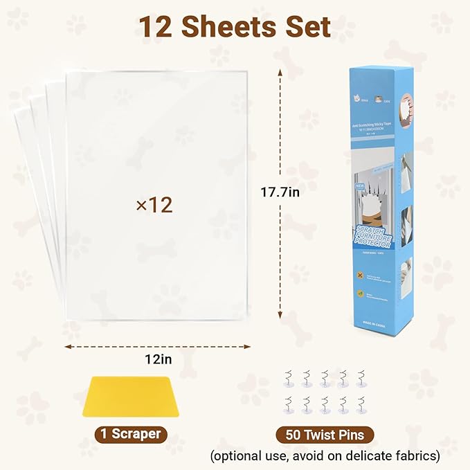 Anti Cat Scratch Furniture Protector - 12Pcs Large, 17.7 * 12in, Clear Sofa Protector from Cat Scratching, Door Protector from Dog Scratching, Self-Adhesive - 50 Pins