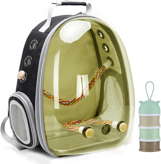 Bird Traval Carrier Cage, Polarized Tinted Brown Space Capsule Astronaut Backpack to Carry Parakeet Cockatiel Parrot with Metal Tray Bird Feed Wood Perch, Vet Transport Bag