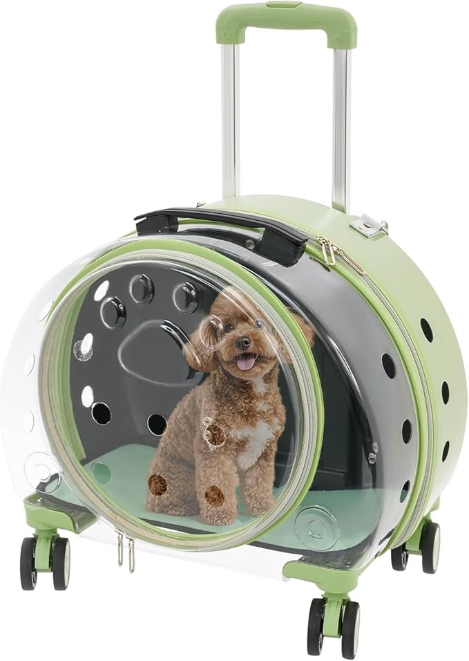 Cat Carrier with Rolling Wheels, Breathable Pet Carrier with Adjustable Handle and Shoulder Strap, Portable Traveling Clear Carriers for Cats, Dogs, Or Bunnies up to 19.84lbs (Green)