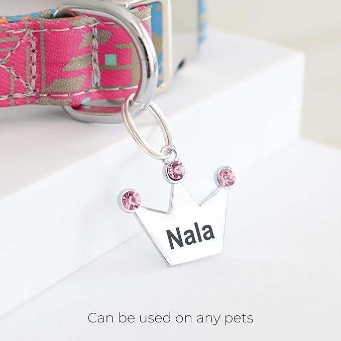 Custom Crystals Crown Pet ID Collar Tag, Personalized Stainless Steel Cute Shiny Bling Sparkly Safety Lost Charm Boy & Girl Dogs Puppies Cats & Ring Engraved SOS customizable with Name, Phone, Address