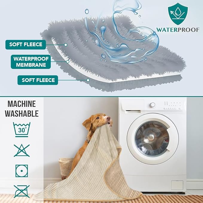 PetAmi Waterproof Dog Blanket, Leakproof Pet Blanket for Small Medium Large Dogs, Reversible Furniture Bed Sofa Couch Cover Protector, Plush Striped Pet Throw for Indoor Cat, 24x32 in, Taupe Beige