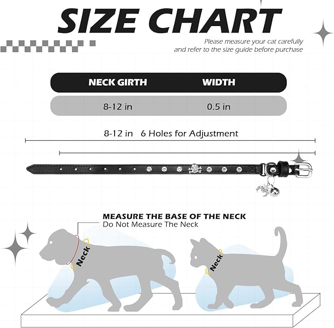 EXPAWLORER Cat Collar for Girl Boy Cats- Adjustable Leather Pet Collar with Safety Elastic Belt,Personalized Punk Accessories Buckle Collars with Bell & Durable D-Ring,White Diamond Skull