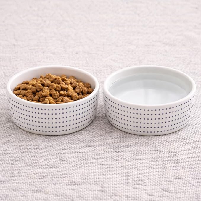 Pearhead Ceramic Cat Bowl for Food and Water, Whisker Fatigue Shallow Wide Cat Food Bowl, Heavyweight Non Slip Non Tip Pet Dish, Modern White Cat Bowl with Blue Dot Design