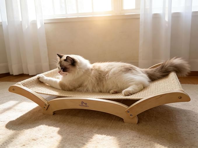 Extra-Large Sisal Cat Scratcher Bed for Indoor Cats, Cat Scratching Post with Hammock Nartural Sisal Scratch Pad for Large Cats Scratcher Lounge Chair, Wooden Cat Furniture