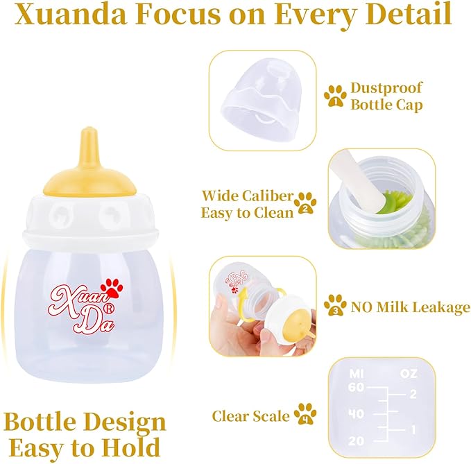 Pet Feeding Bottle,3 Pack 60ml Nursing Bottle, 3 Sizes Nipples with Ventilation Valve Resistant Tearing Perfect for Puppies, Kittens, Small Wildlife(Yellow)