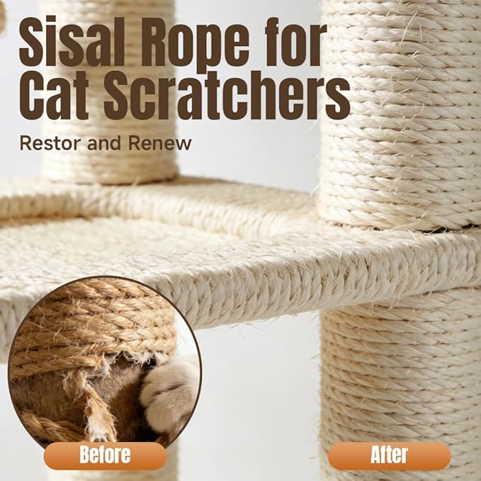 Natural Sisal Rope for Cat Scratcher Replacement, Durable Cat Tree Post Repair Cord for DIY Projects, Climbing Towers, Furniture Protection, Scratch Pad, Crafts, Garden, and Home Décor Use