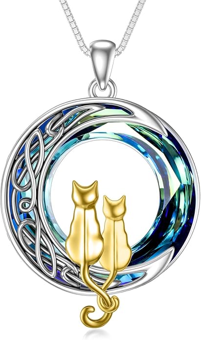 TOUPOP Cat Gifts for Cat Lovers One Two Three Four Cats Necklace Sterling Silver Cats on the Moon Pendant Necklace with Blue Circle Crystal Birthday Christmas Celtic Jewelry Gifts for Women
