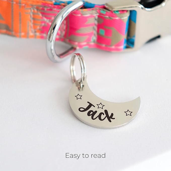 Custom Moon Pet Tag ID, Personalized Stainless Steel Cute Shiny Bling Stars Collar Tag Lost Boy & Girl Dogs Puppies Cats & Ring Engraved SOS Customizable with Owner Information Name, Phone, Address