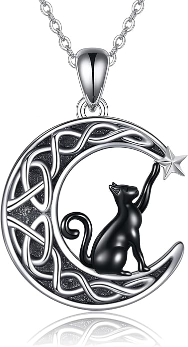 Celtic Moon Black Cat Necklace for Women - Abalone Tree of Life Sterling Silver Cat Lovers Jewelry