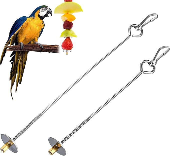 Nogeqi 2PCS Bird Cage Food Holder with Hook, Stainless Steel Bird Feeder for Cage, Parrot Fruit Skewers, Bird Foraging Toys for Macaw Parakeet Parrot Budgie (2 Sizes)