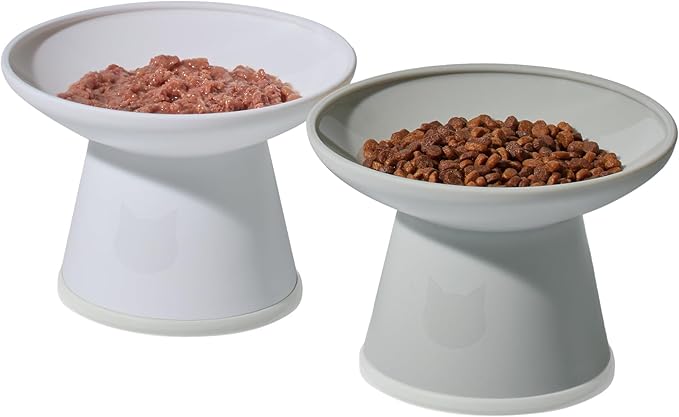 Necoichi 2pcs Extra-Wide Elevated Cat Food Bowls – BPA-Free Plastic Raised Bowls to Reduce Whisker & Neck Fatigue – Dishwasher Safe – Non-Slip, Anti-Vomiting Ergonomic Design(Classic)