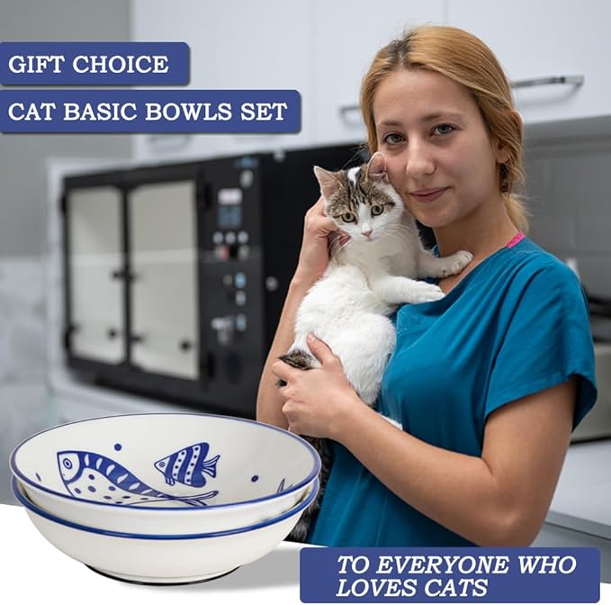 HAPPY KIT 2Pcs Wide Shallow Cat Bowls,8.5oz Colorful Plate Set with Non-Slip Mat,5.7 inch Indoor Ceramic Cats Dish/Dishes Relief of Whisker Fatigue - Microwave and Dishwasher Safe