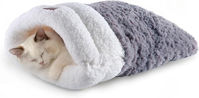 Cat Cave 4 in 1 Cat Sleeping Bag Cute Self Warming Cat Bed Cave with Plush Portable Snuggle Sack/Hideway for Indoor Cats & Small Pets Grey 21×17 Inch