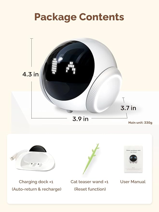 Orison Smart Mobile Pet Camera Robot, 1080P HD Indoor Pet Camera for Home, Auto Patrol & Auto Recharge, Night Vision, Two-Way Audio, App Control, Local Storage