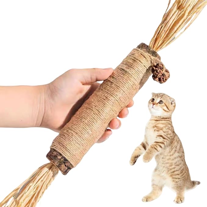 Interactive Cat Catnip Chew Toys, Natural Silvervine Teething Sticks, Jute Rope Wrapped Dental Care with Raffia Tassels (1 Thick& 3 Tiny)