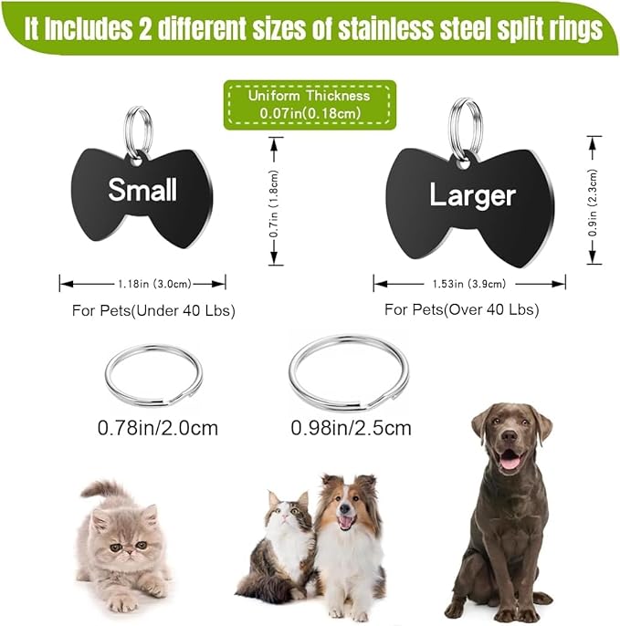 Stainless Steel Cat ID Tag Personalized Pet Tags with up to 4 Lines of Custom Text, Small Pet Mini Dog Cat Tag Lightweight, Engraved on Both Sides, Multiple Patterns Colors Size Options (Bowtie Icon)