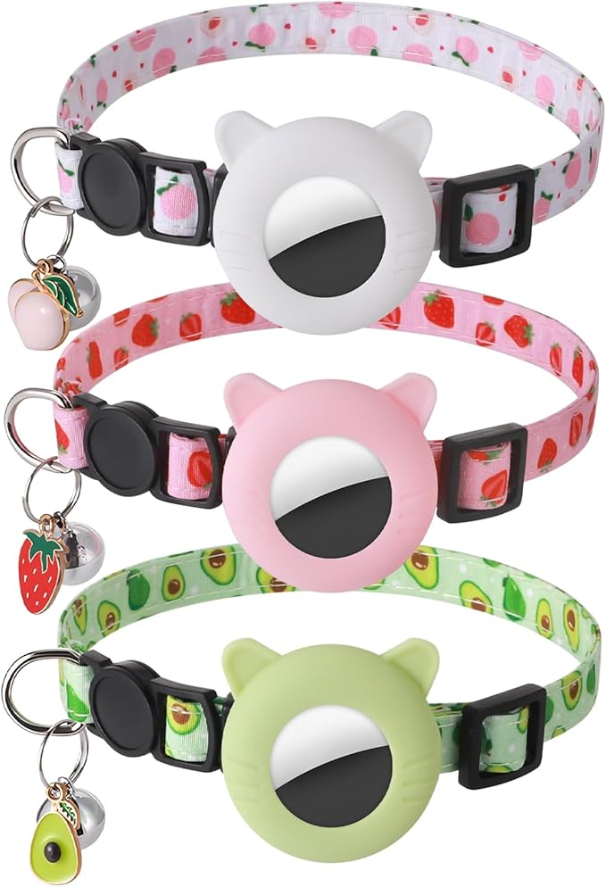3 Pack Airtag Cat Collar Breakaway Fruit Cat Collars with Air Tag Holder, Bells and Fruit Charms Adjustable Safety Kitten Collars for Girl Boy Cats