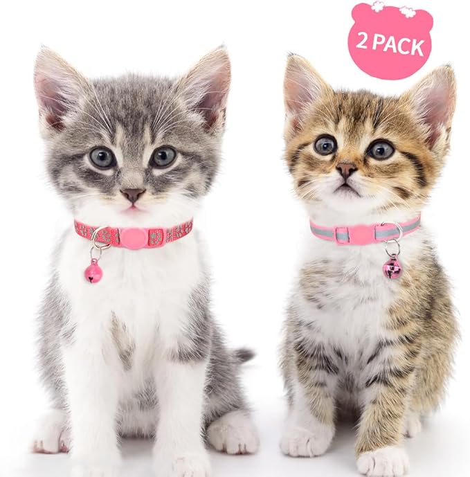 Taglory Kitten Collar Breakaway with Bell, Reflective Soft Cat Collar for Small Kittens, Adjustable 6-8 Inch High Visibility Night Strip, Lightweight for 2-6 Months Baby Cats, 2 Pack, Pink