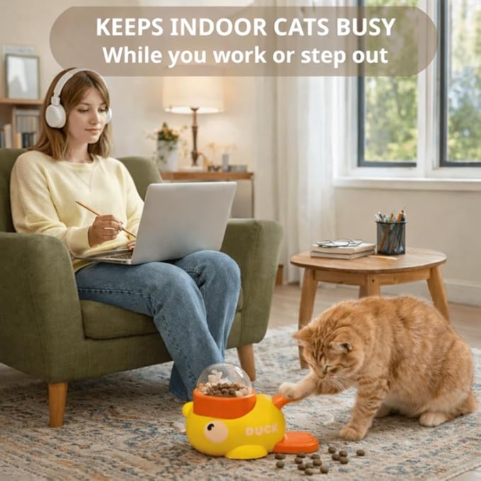 Yellow Duck Cat Feeder Toy with Duck Bib, Interactive Treat Dispenser for Cats & Small Dogs with 3 Adjustable Lids, Puzzle Toy for Slower Eating and Indoor Play