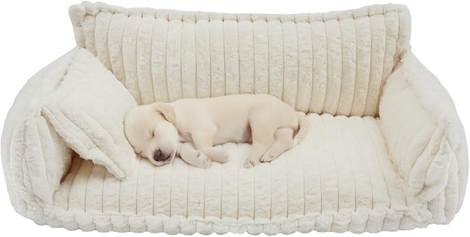 Fluffy Pet Couch for Cats & Dogs, Plush Animal Sofa with Removable Washable Cover,Calming Bed for Small or Medium and Large-Sized Pets, Dark Gray Modern Pet Furniture (White)
