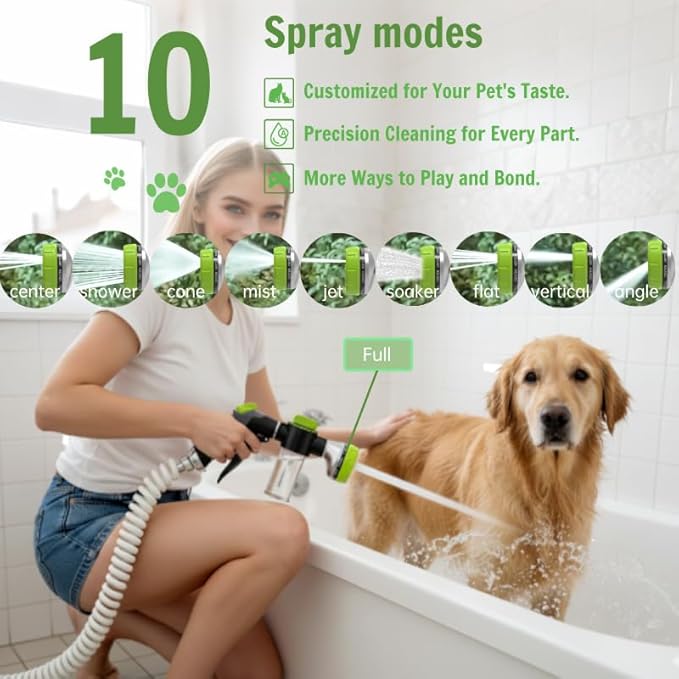 Dog Washing Hose Attachment, 10 Spray Modes and Adjustable Water Pressure Garden Hose Nozzle with Soap Dispenser for Dog Cat Bathing, Also Adopted in Watering Flowers, Pet Wash