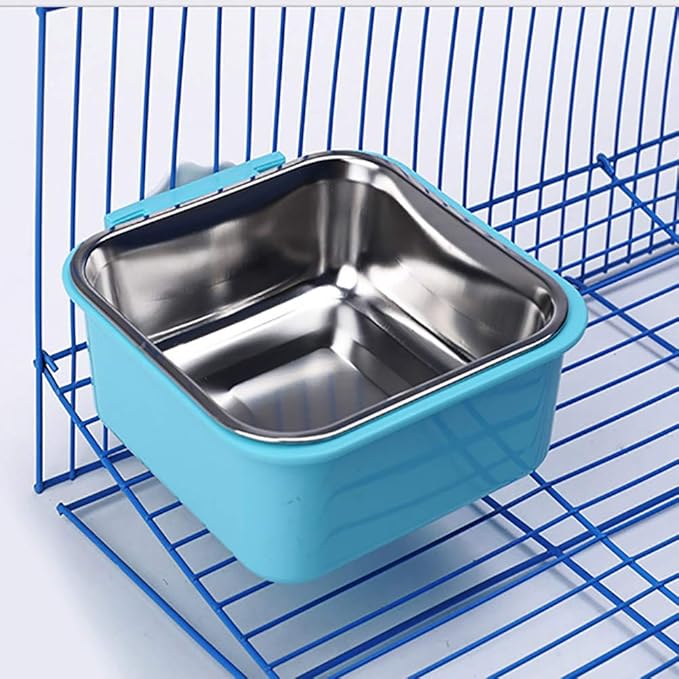 Love Dream Crate Dog Cat Bowls, Hanging Pet Cage Food Water Feeder with Removable Stainless Steel Bowls and Bolt Holder for Puppy Cat Rabbit Birds (Large, Blue)