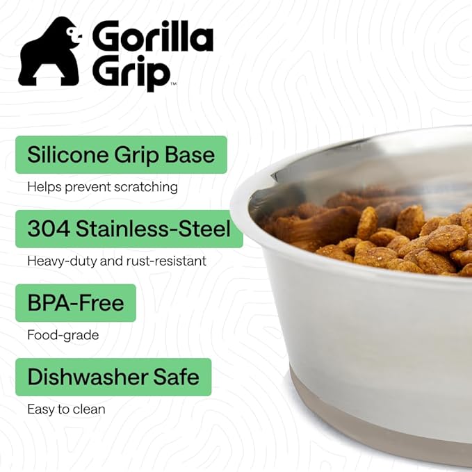 GORILLA GRIP Dog Bowls, Food Grade 304 Stainless Steel, Holds 4 Cups Each (32 fl oz) Food and Water Bowl for Feeding Dogs and Cats, Dishwasher Safe, Rust Resistant, BPA Free Rubber Base Set of 2 Beige