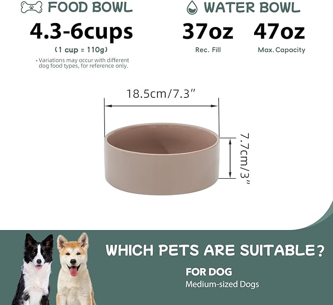 Ceramic 7.3inch Dog Bowl, Food and Water Bowl for Medium Breed Dog, Pet Feeder for Replacement (Single Bowl, Brown Coffee)