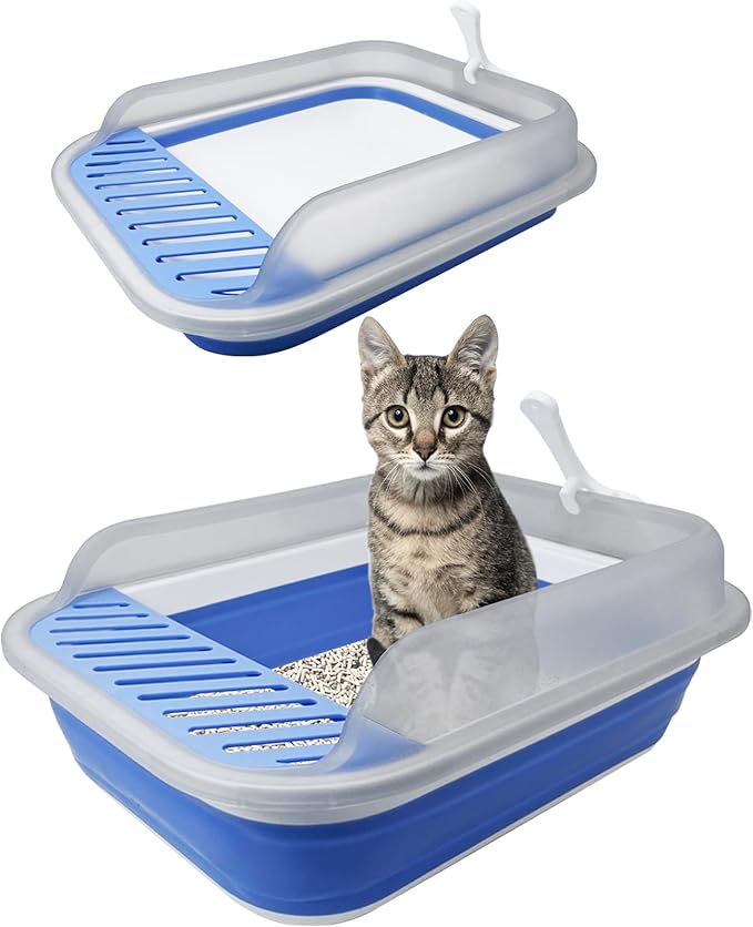 VCEPJH Collapsible Litterbox with High Sides Small Cats Litter Pan with Scoop Open Cat Litter Box Portable Travel Kittens Toilet Kitten Starter Kit for Kittens Adult Cat Elderly Cats (Blue)
