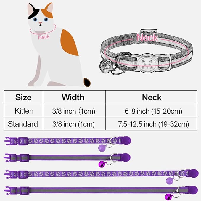 Taglory Kitten Collar Breakaway with Bell, Reflective Soft Cat Collar for Small Kittens, Adjustable 6-8 Inch High Visibility Night Strip, Lightweight for 2-6 Months Baby Cats, 2 Pack, Purple