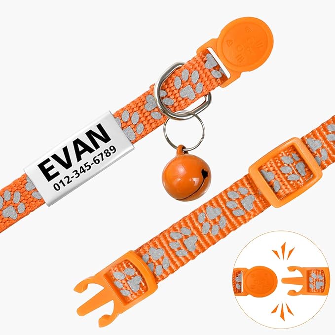 TagME 2 Pack Cat Collar with Name Tag, Personalized Reflective Cat Collar Breakaway with Bell for Boy & Girl Kitten, Orange