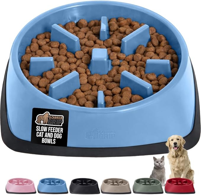 GORILLA GRIP Patented BPA Free Slow Feeder Dog Bowls, 4 Cup Interactive Puzzle Toy for Dogs and Cats Food Training Enrichment, Keeps Pets Busy and Prevents Puppy Overeating, Large Breeds, Light Blue