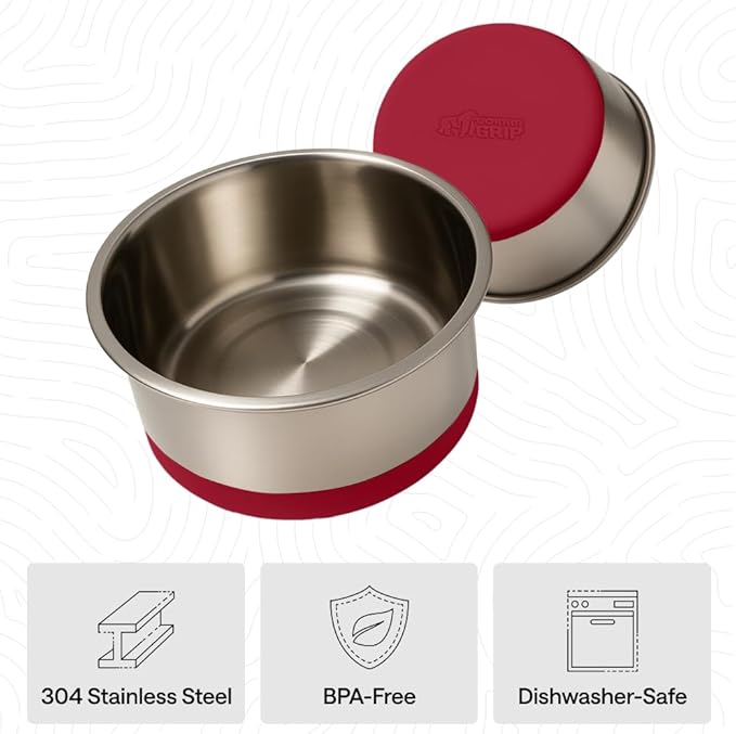 GORILLA GRIP Dog Bowls, Food Grade 304 Stainless Steel, Holds 4 Cups Each (32 fl oz) Food and Water Bowl for Feeding Dogs and Cats, Dishwasher Safe, Rust Resistant, BPA Free Rubber Base Set of 2 Red