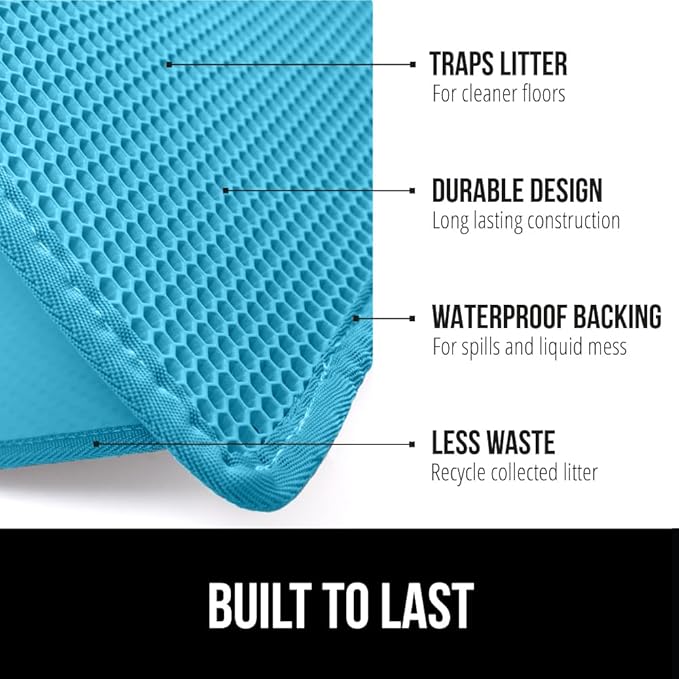 GORILLA GRIP Honeycomb Cat Litter Box Mat, Two Layer Trapping Waste Mats, Soft On Paws, Litter Box Supplies and Essentials for Indoor Cats, Traps Excess, Water Resistant for Floors, 24x15 Turquoise
