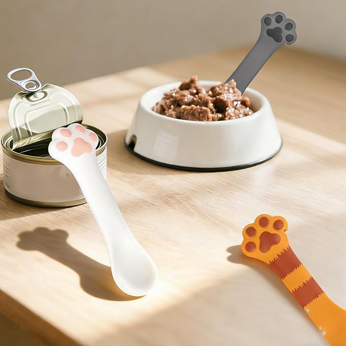 TOYMIS 3 Pcs Dog Cat Food Spoon, Adorable Paw Scoop for Wet Dry Food Silicone Can Opener Multifunctional Pet Spatula & Mixing Tool for Cat Dog Supplies (White, Orange, Dark Grey)