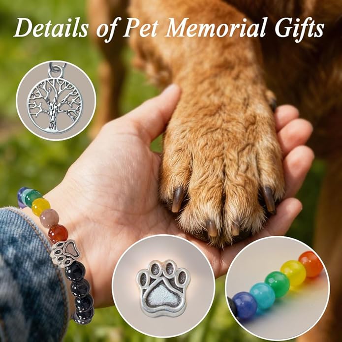 Pet Memorial Gifts, Sympathy Gift for Loss of Dogs and Cats, Chakra Rainbow Bridge Bracelet for Women Men Who Lost Pets