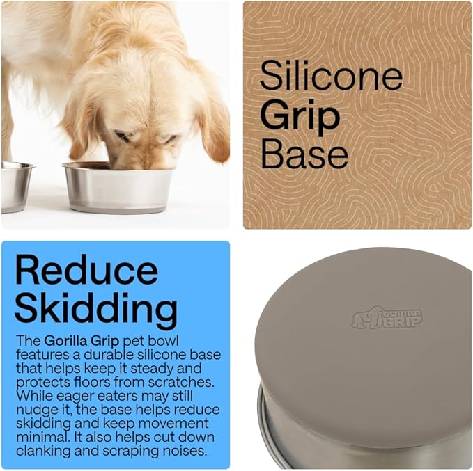 GORILLA GRIP Dog Bowls, Food Grade 304 Stainless Steel, Holds 6 Cups Each (48 fl oz) Food and Water Bowl for Feeding Dogs and Cats, Dishwasher Safe, Rust Resistant, BPA Free Rubber Base Set of 2 Beige