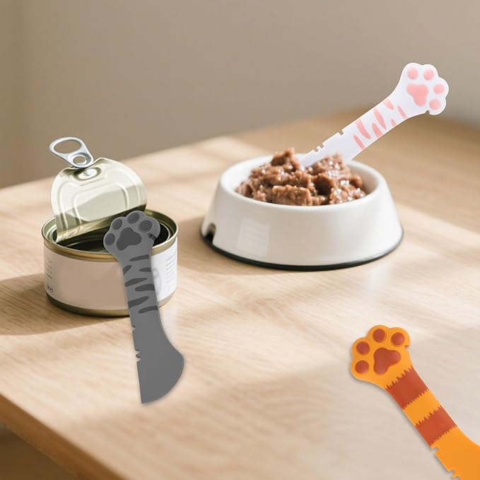 Tinoaly 3 Pcs Dog Cat Food Spoon, Adorable Paw Spoon for Wet Food Silicone Can Opener Multifunctional Pet Spatula Scoop Mixing Spoons for Cat Dog Supplies (Orange, White & Dark Grey)