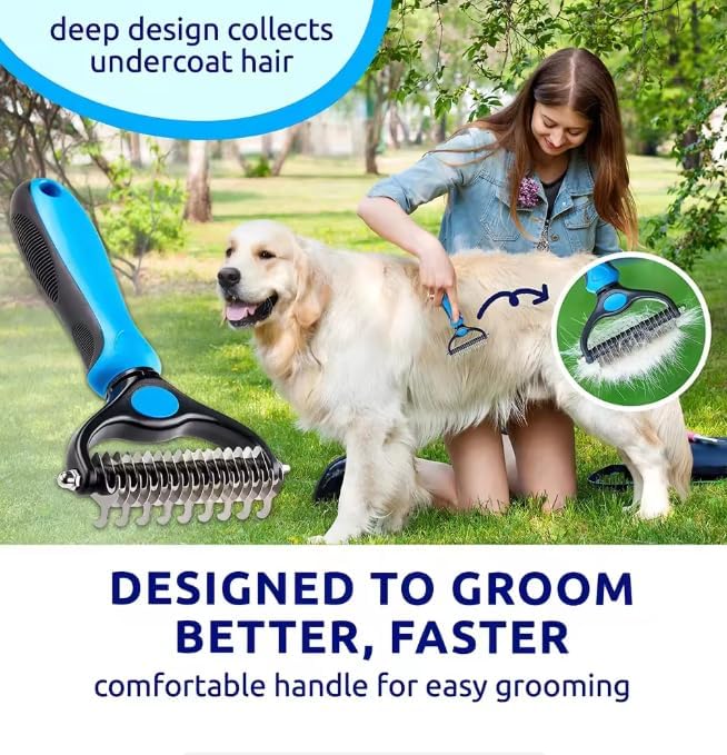 2-in-1 Dog & Cat Deshedding Tool – Double-Sided Undercoat Rake and Dematting Comb for Shedding & Tangle Removal